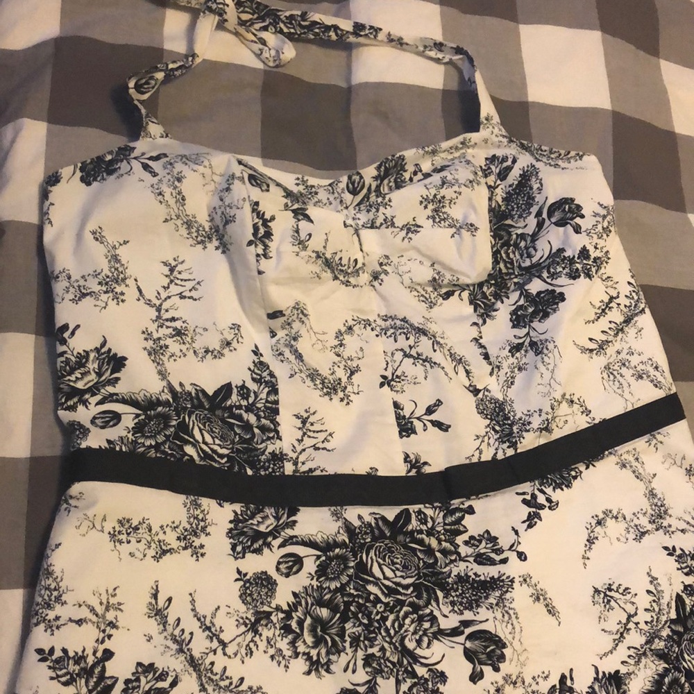 Halter fit and flare black and white dress.